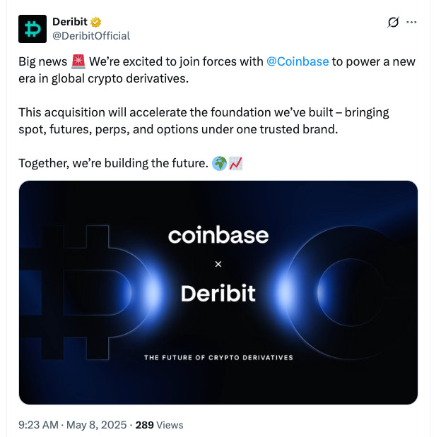 Coinbase sẽ mua lại sàn giao dịch quyền chọn Deribit với giá 2,9 tỷ USD
