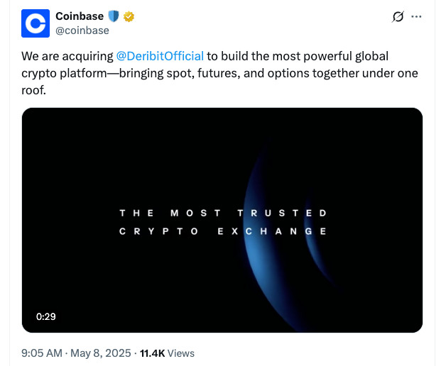 Coinbase sẽ mua lại sàn giao dịch quyền chọn Deribit với giá 2,9 tỷ USD